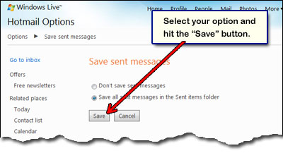 Select the option to save or not a copy of the sent email in your Hotmail account
