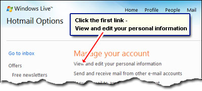 Hotmail options - view and edit account information