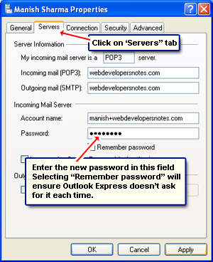 Instructions to change the Outlook Express email password