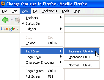 Change the font size in Firefox using the View menu