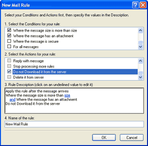 Deleting potential spam emails from server by detecting them using Outlook Express message rules