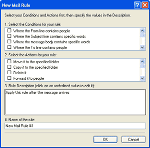 Outlook Express message rules window displaying the options for conditions and actions