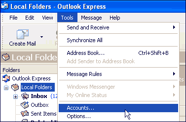 Setting up new email accounts in Outlook Express step 1