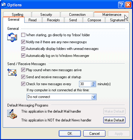 Outlook Express Options window with the Maintenance tab