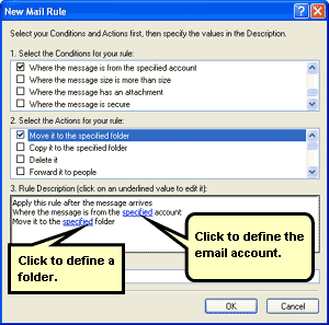 Specifying details in message rule description for segregating emails