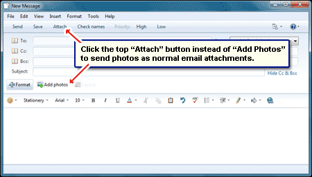Attach photos to email messages the normal way in Windows Live Mail instead of Photo e-mail