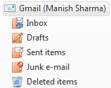 Five folders set up on Windows Live Mail for the Gmail account