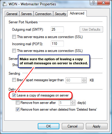 Check the Leave copy of email on server option