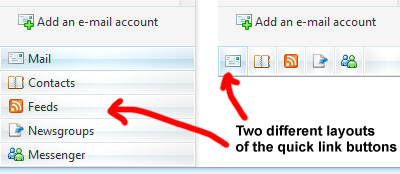 The quick link buttons of Windows Live Mail