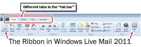 The Ribbon interface in Windows Live Mail 2011