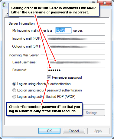 Solution to Windows Live Mail error ID 0x800CCC92 - check username and password