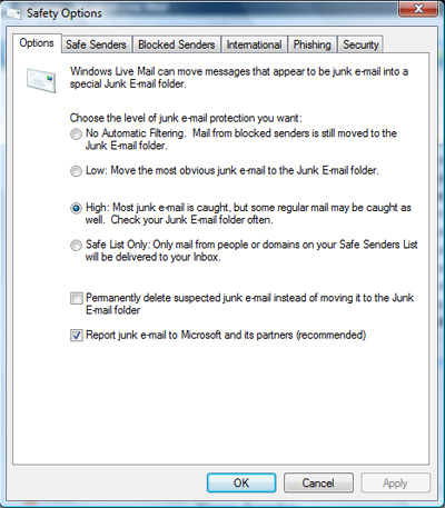 the safety options in Windows Live Mail