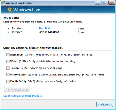 Windows Live Mail installed with sign-in assistant