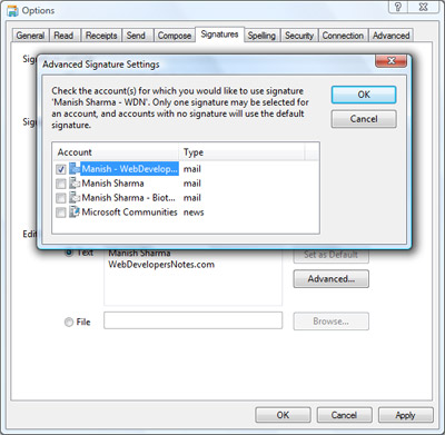 Advanced email signature settings in Windows Mail Vista