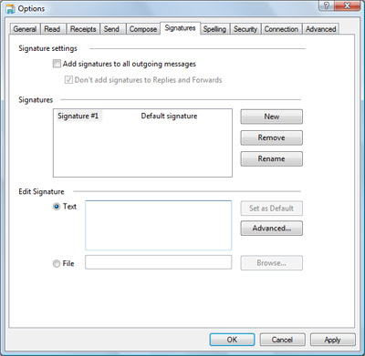 Creating a new email signature in Windows Mail