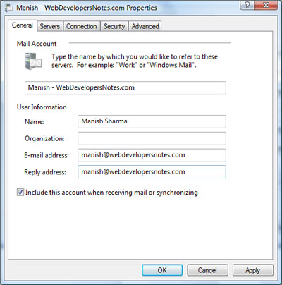 Checking email account properties in Windows Mail