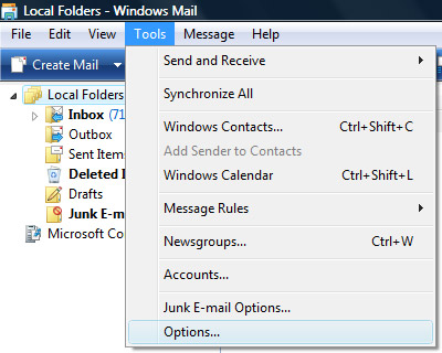 The different options in Windows Mail email client