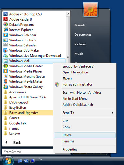 Uninstalling Windows Mail Vista