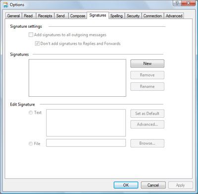 Email signatures options in Windows Mail