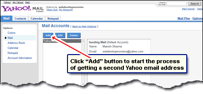 Add a second Yahoo email address to the existing one from the options section