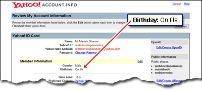 Birthday not shown on Yahoo account information page