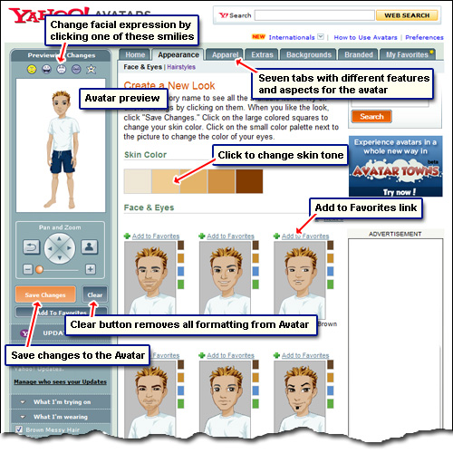 Options and features of the section through which you create an Avatar on Yahoo!