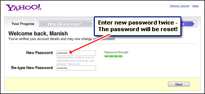 Enter the new Yahoo mail password twice to reset it
