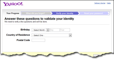 Enter your personal details to Yahoo for resetting the account password