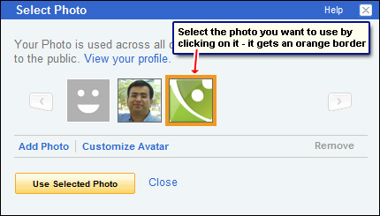 Select the photo you want to use on your Yahoo profile by clicking on it and then hitting the Use Selected button