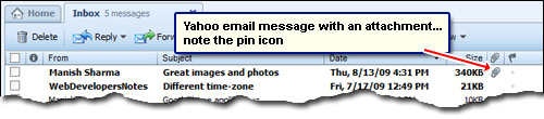 Yahoo email message with photo attachments - note the pin icon