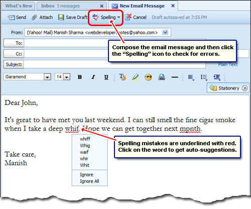 The Yahoo Mail spell check options and features in the new interface - All-new Mail