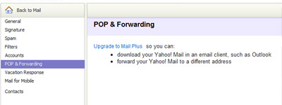The Yahoo POP and forwarding in the free email account