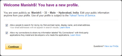 The welcome message displayed when you login at your Yahoo Profiles page