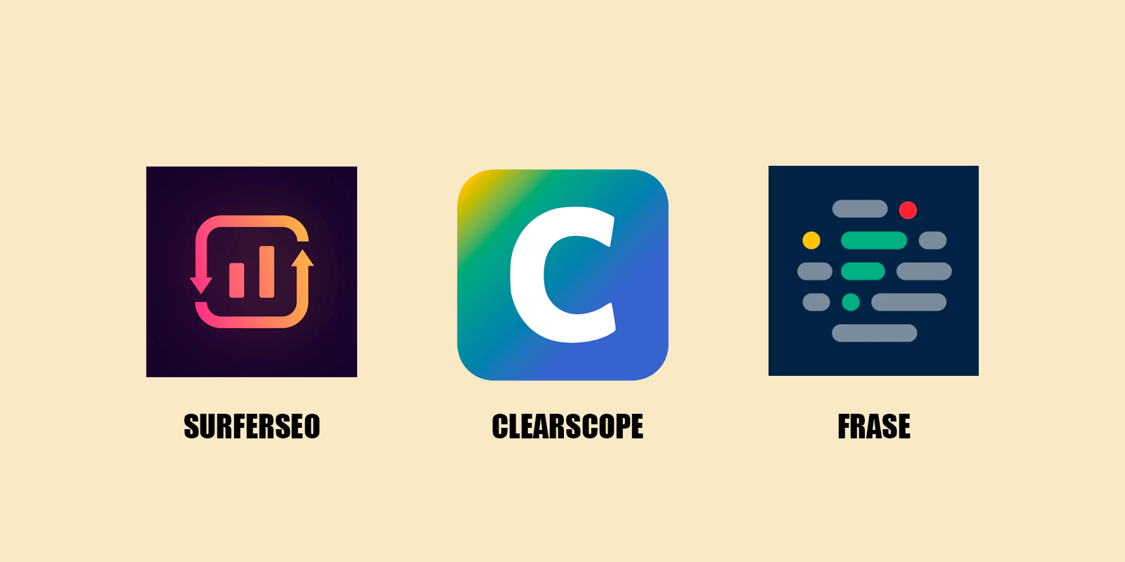 SurferSEO, Clearscope, and Frase App Logos in one image