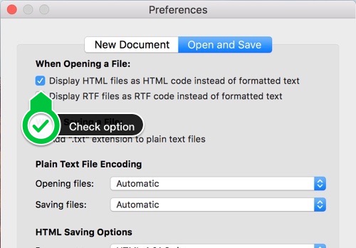 Check option to display HTML files as HTML code instead of formatted text