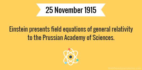 Einstein presents field equations of general relativity to the Prussian Academy of Sciences.
