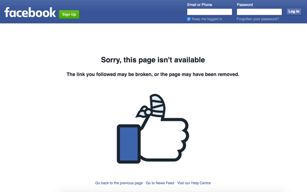 Facebook 404 error page with a hurt like