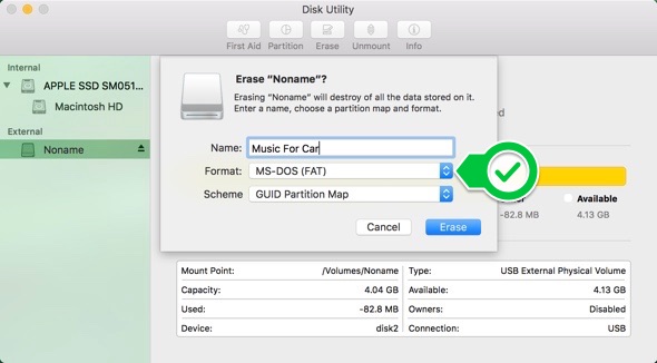 Format the pen drive using the MS-DOS (FAT) file format in Mac's Disk Utility tool