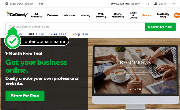 GoDaddy.com homepage - type in domain name to search
