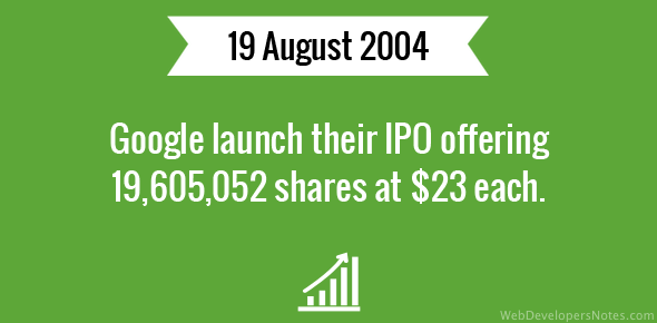 Google launch their IPO offering 19,605,052 shares at $23 each.