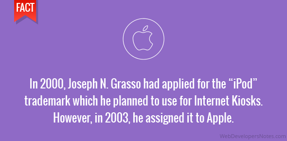 In 2000, Joseph N. Grasso had applied for the “iPod” trademark which he planned to use for Internet Kiosks. However, in 2003, he assigned it to Apple.