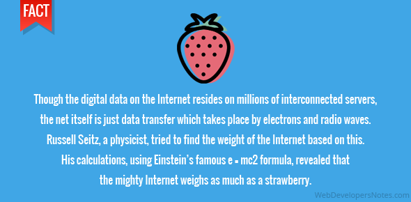 Though the digital data on the Internet resides on millions of interconnected servers, the net itself is just data transfer which takes place by electrons and radio waves. Russell Seitz, a physicist, tried to find the weight of the Internet based on this. His calculations, using Einstein’s famous e = mc2 formula, revealed that the mighty Internet weighs as much as a strawberry.