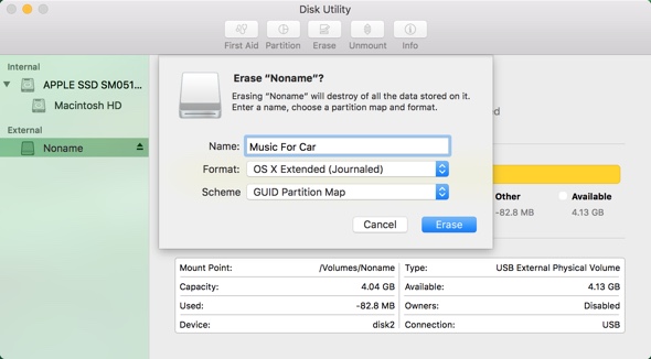 Options presented by the Disk Utility tool on the Mac when formatting a pen drive
